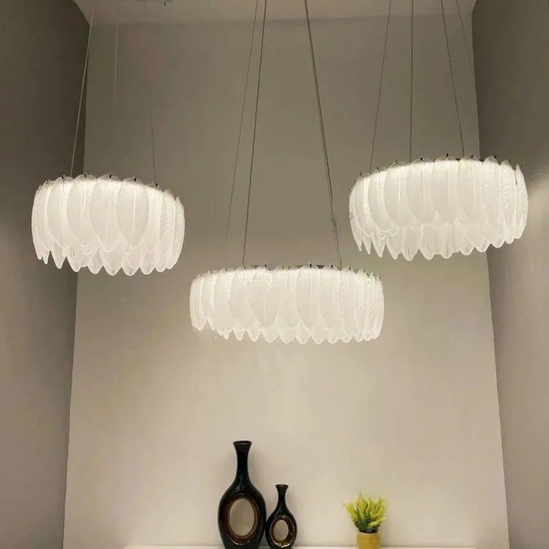 lustre led nordique en verre cristal et plumes décoratif d'intérieur