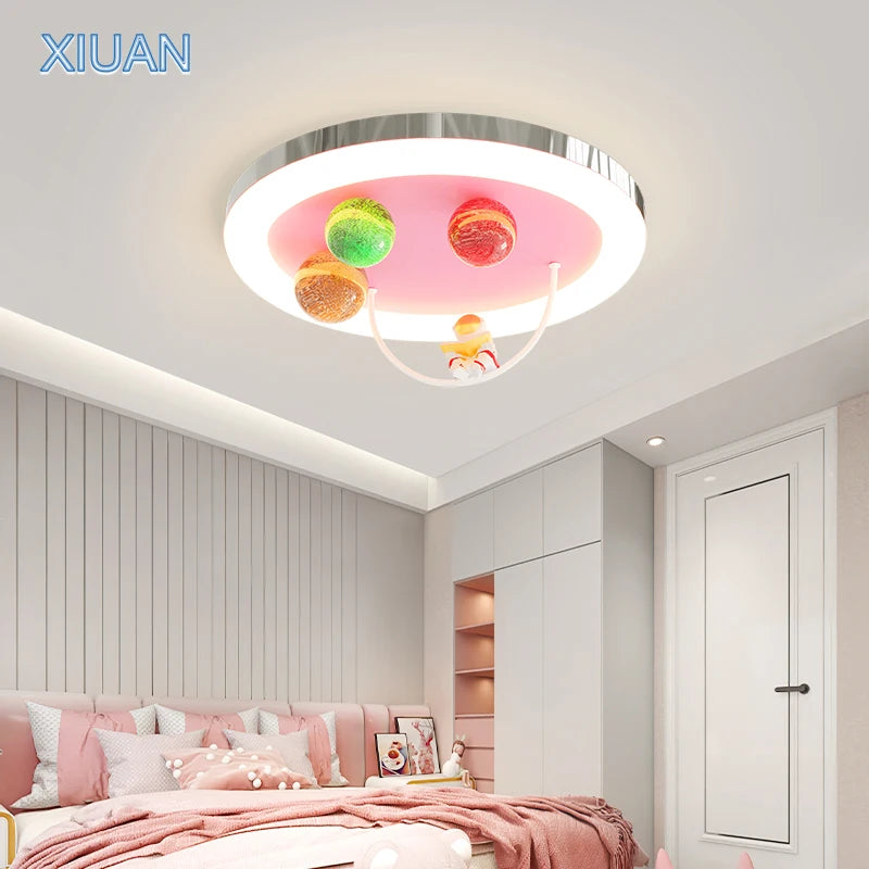 Creative Colorful Glass Ceiling Chandelier Light Planet Astronaut Ceiling Lamps Pink Blue Chrome 220V Children's Bedroom Lamps