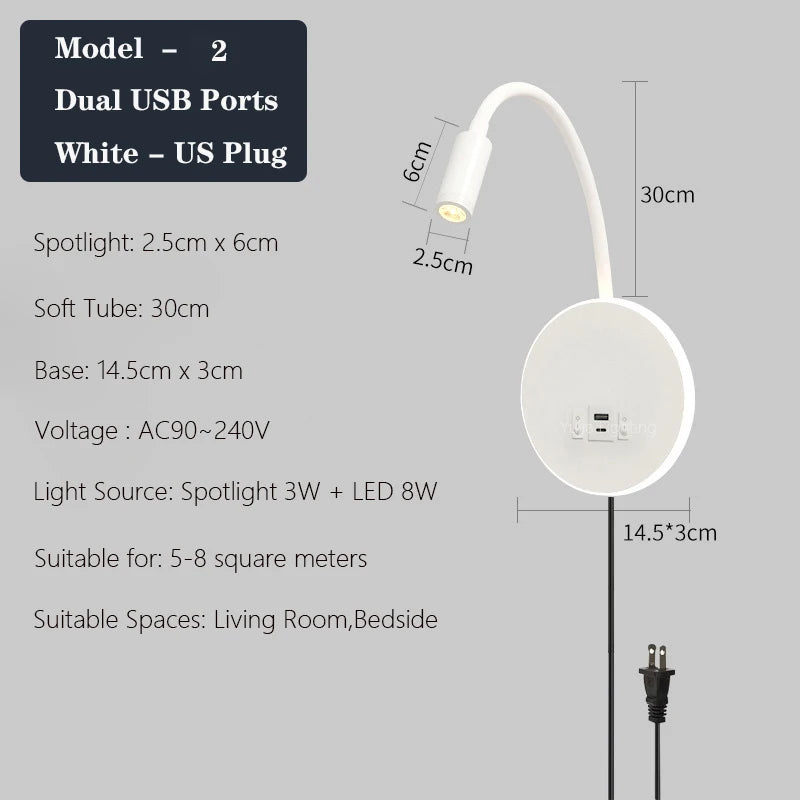 applique murale led réglable avec ports usb design moderne