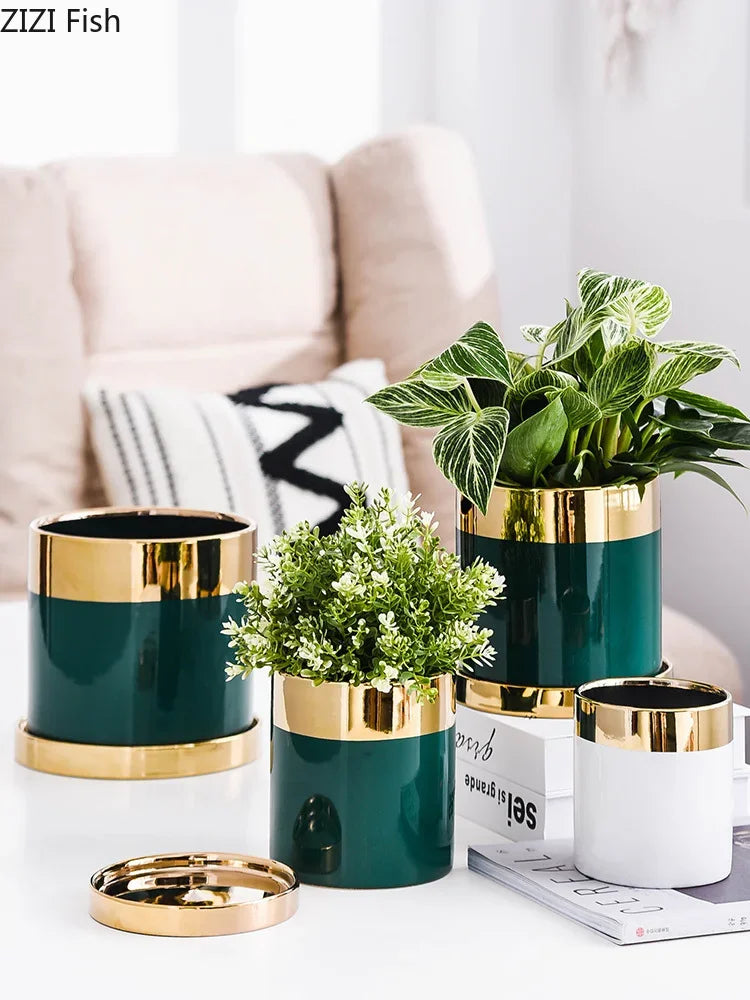 pot de fleurs en céramique luxe avec bordure dorée