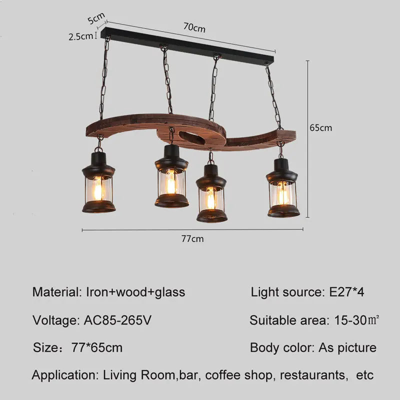 lustre industriel rétro 4 têtes en bois et fer pour café bar loft