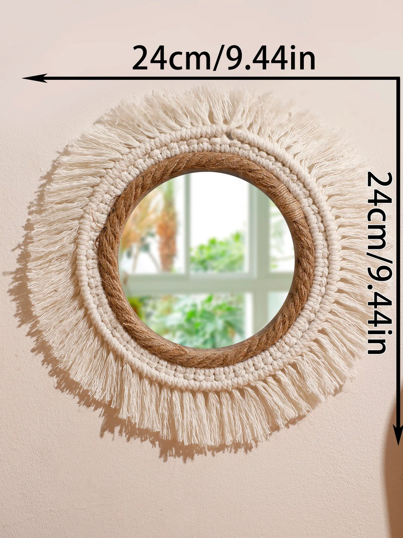 miroir suspendu en macramé décoratif avec pompons tissés