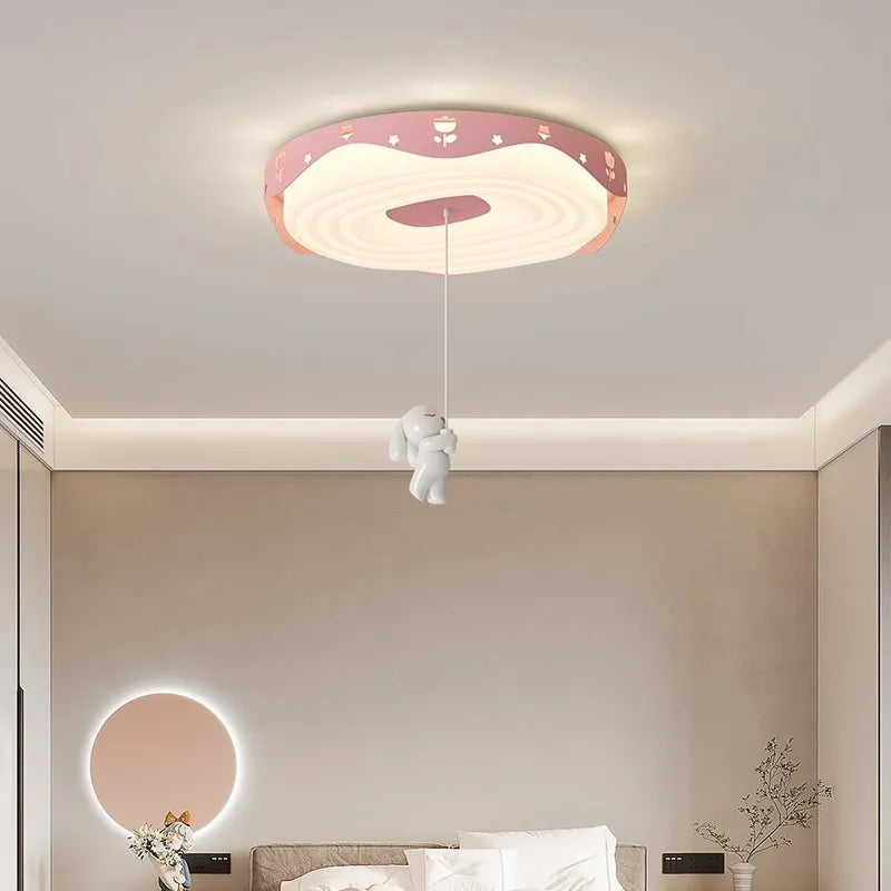 Nordic Kids Bedroom Pendant Lamps Pink Green Yellow Blue Rabbit Panda Bear Astronaut Children's Room Ceiling Light Round Shape