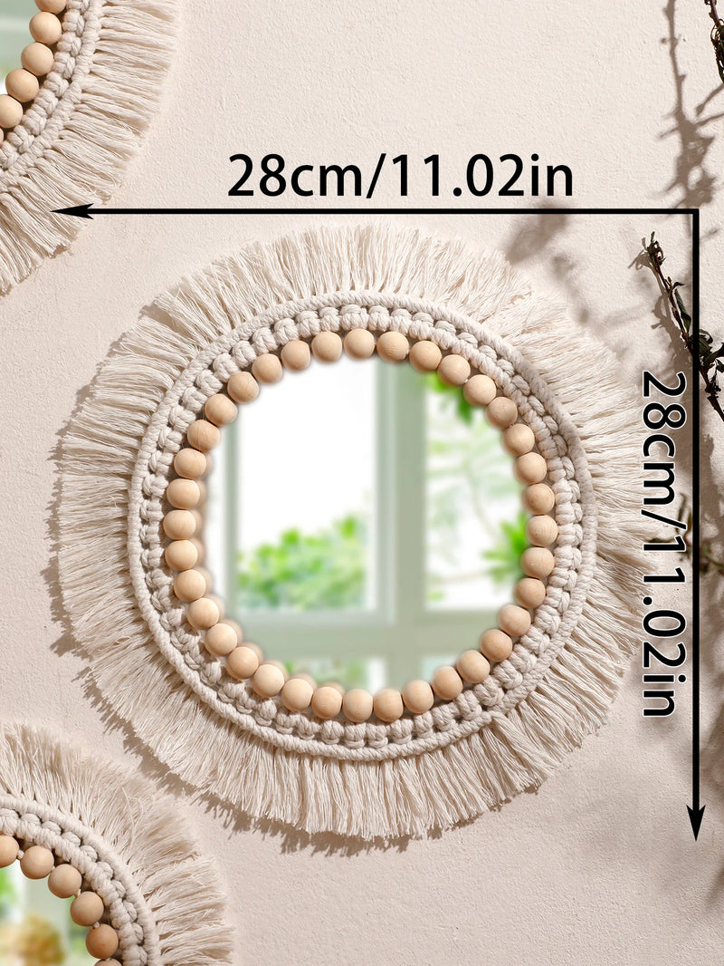 miroir suspendu en macramé décoratif avec pompons tissés