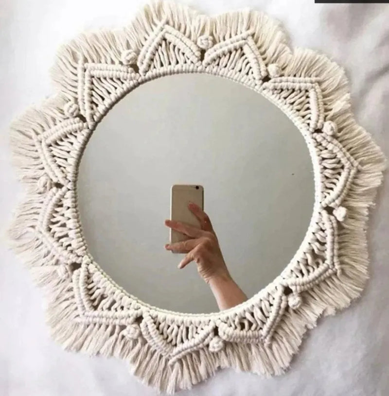 miroir rond en macramé style bohème pour décoration murale