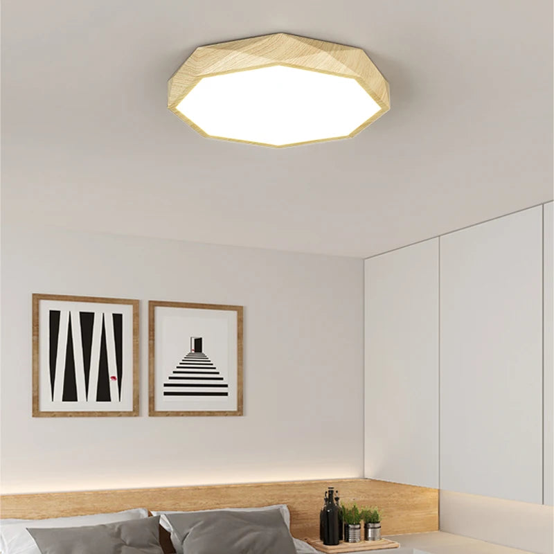 plafonnier led moderne en bois et métal design géométrique