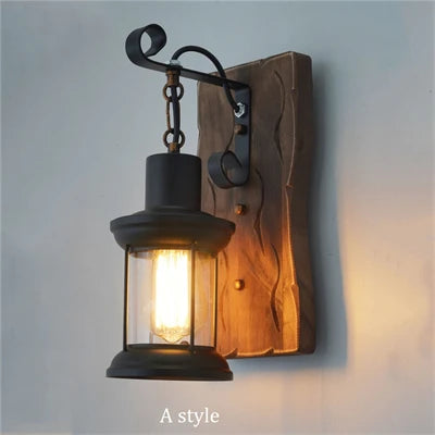 applique murale vintage en bois avec abat-jour en verre et métal