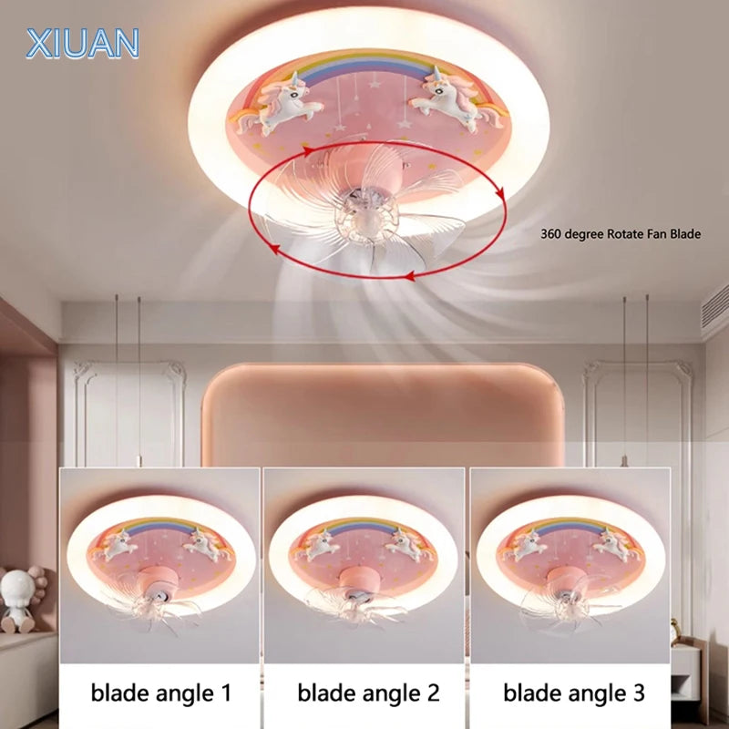 Creative LED Ceiling Light with Fan Pink Princess Children's Room Bedroom Ceiling Fan Resin Unicorn Rainbow Remote Control 220V