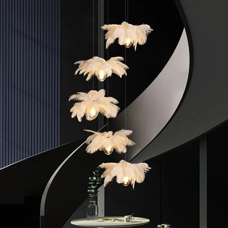 2024Staircase Feather Chandelier Ostrich Glass Design Pendant Chandelier Lighting Home Decor Suspend Lustre Fixtures