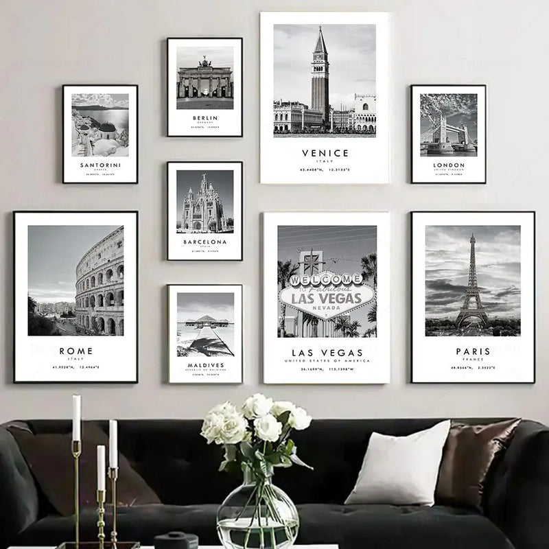 affiche photographique de voyage en noir et blanc pour décoration murale