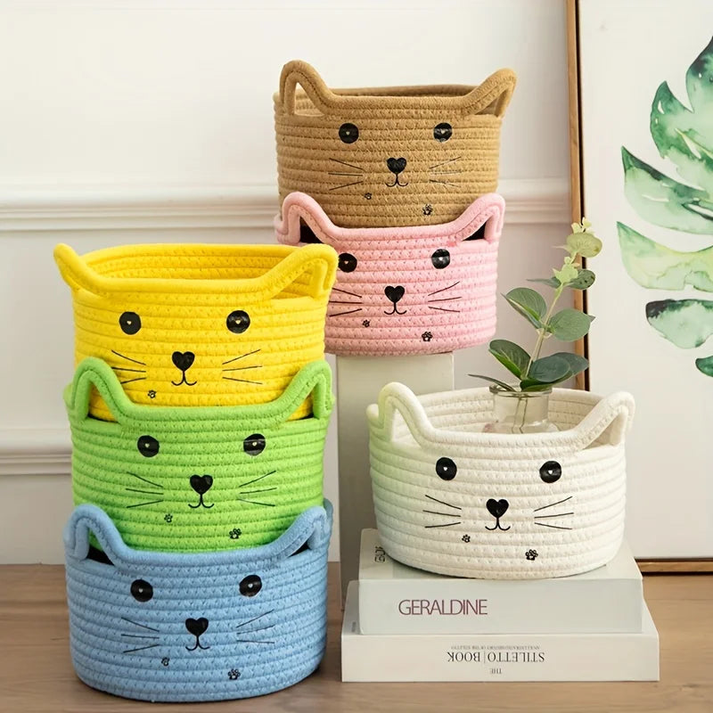 paniers de rangement en coton thème chaton décoratif et pratique