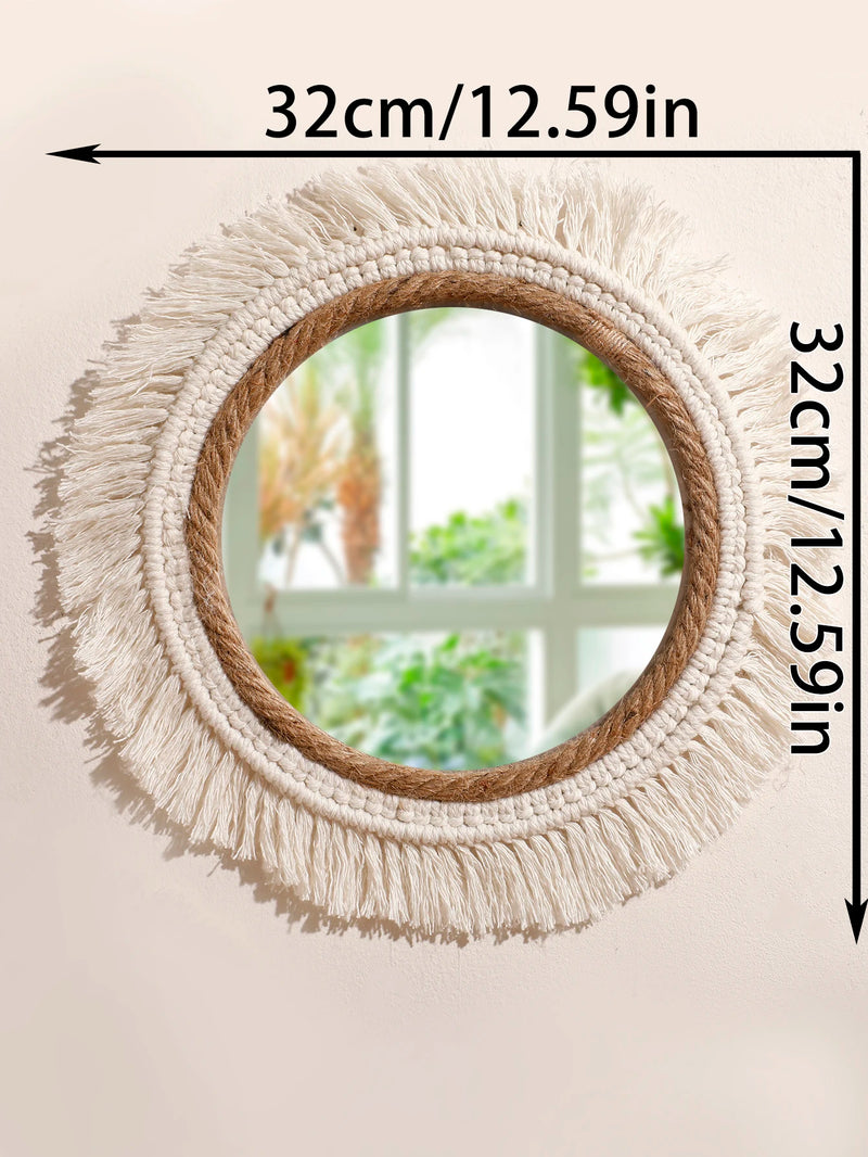 miroir suspendu en macramé décoratif avec pompons tissés