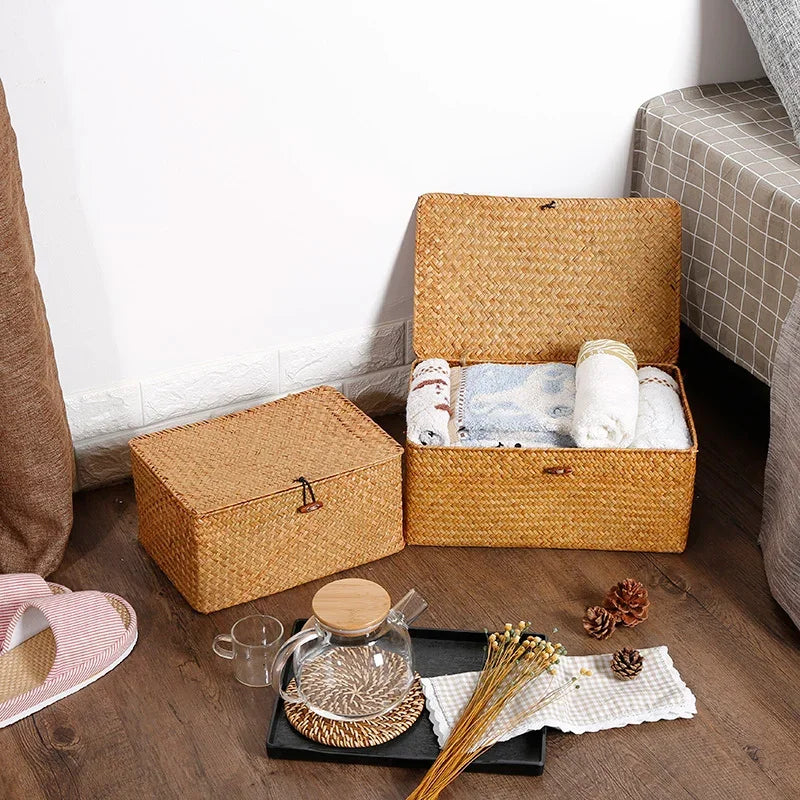 boîte de rangement tissée en jonc de mer pour produits de bain