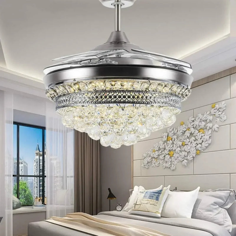 lustre ventilateur chromé en cristal avec lumière led changeante