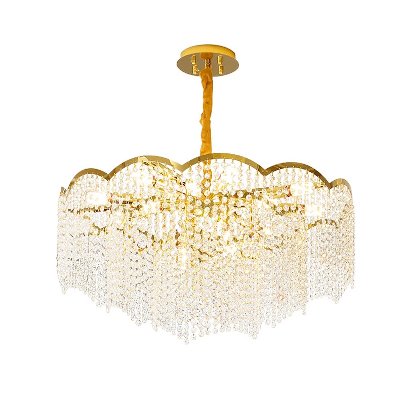 lustre moderne en cristal doré haute suspension design élégant pour intérieur