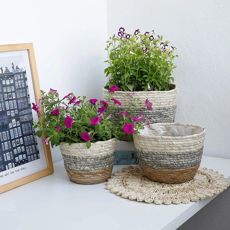 panier à fleurs en paille tressée pour plantes et jardin