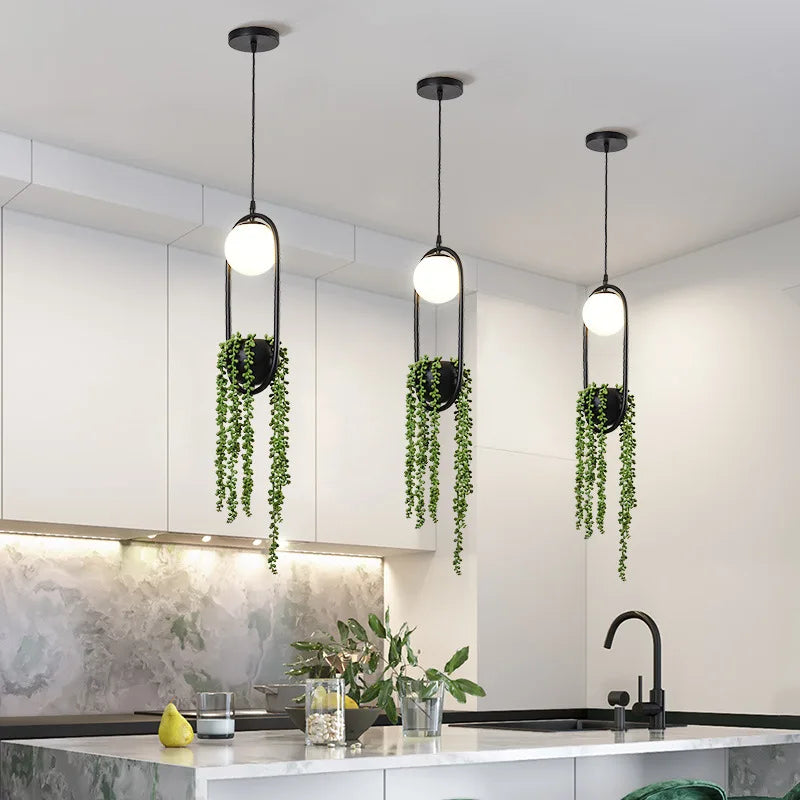 suspension rétro en fer avec plante décorative et éclairage led