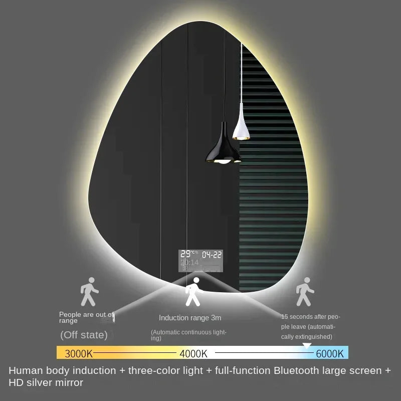 miroir vertical irrégulier avec lumière led et haut-parleur bluetooth