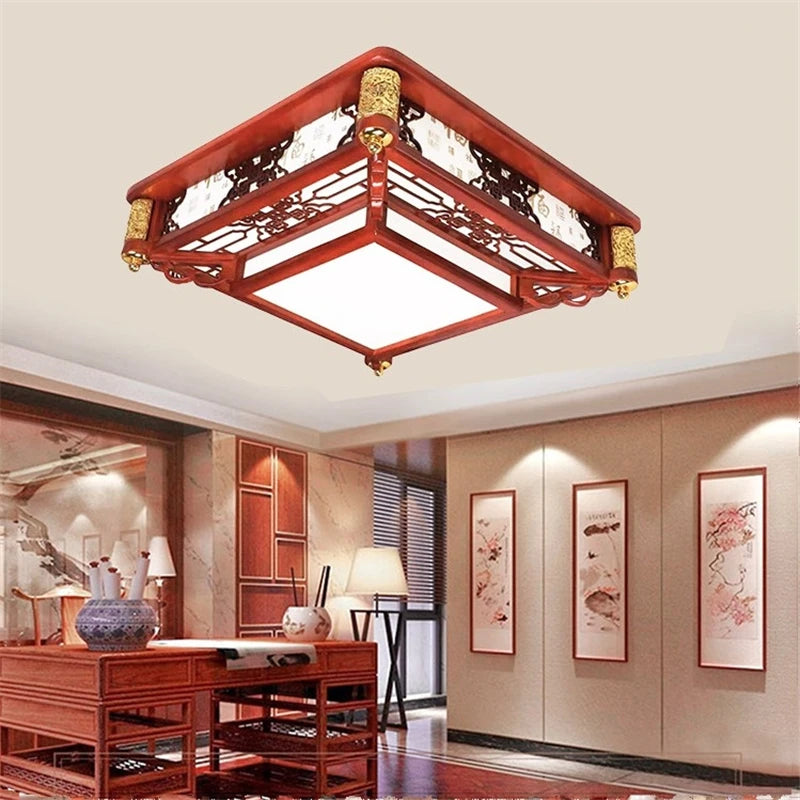 "plafonnier vintage chinois en bois avec luminaire acrylique"
