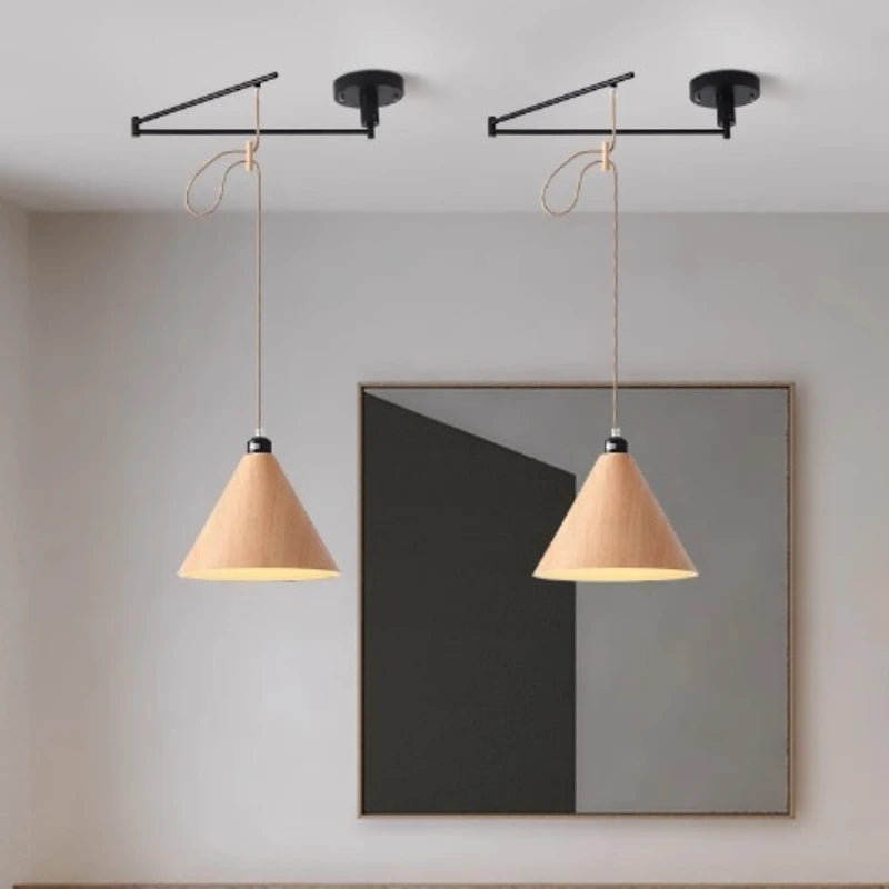 lustre moderne à led créatif avec bras rétractable en bois artistique