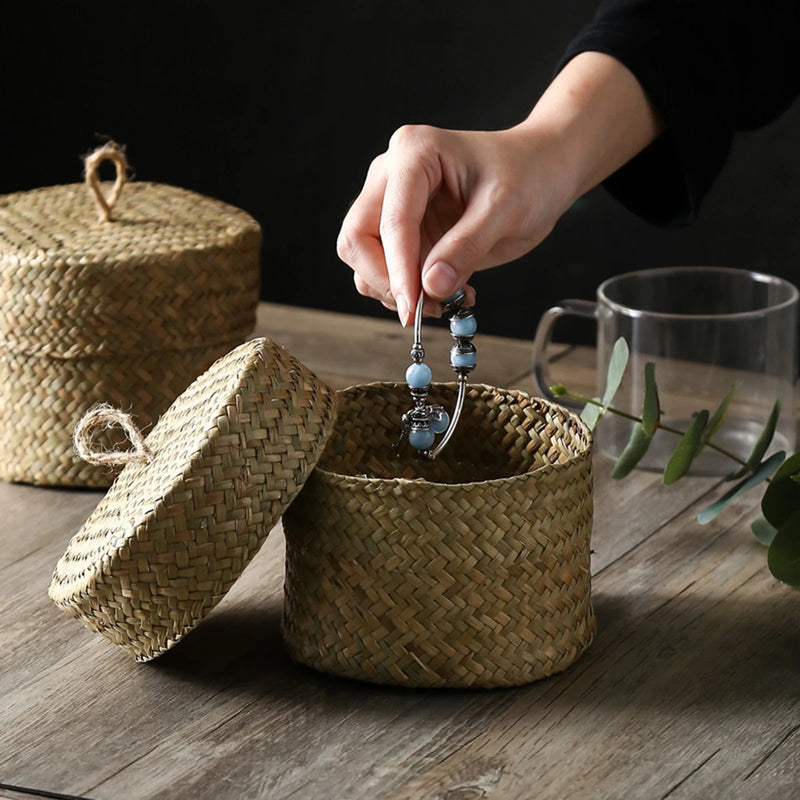 panier de rangement en rotin tissé fait main avec couvercle