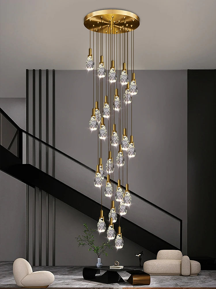 lustre moderne créatif en cristal pour escalier colimaçon