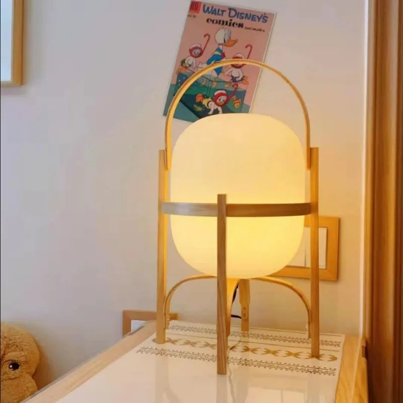 lampe de table nordique portable en verre avec panier en bois