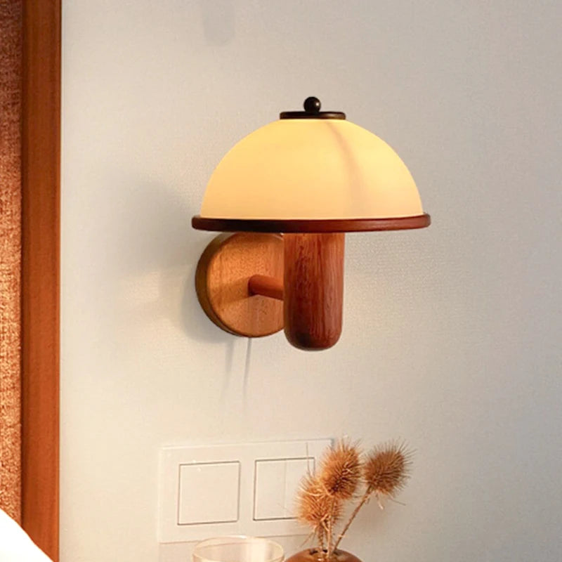 Nordic Retro Mushroom Wall Lamp with EU/US Plug, Wooden Bedroom Bedside Light, Living Room, Corridor LED Decorative Light