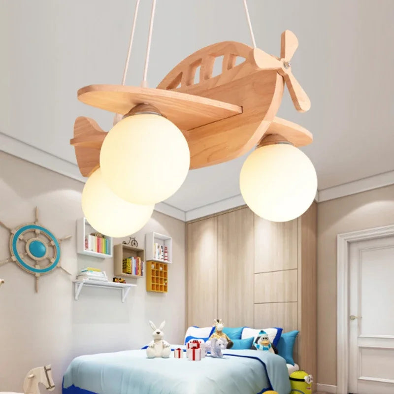 suspension lampe bois avion pour chambre d'enfant