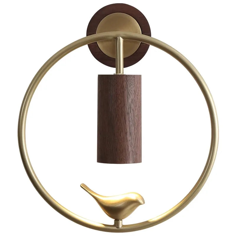 Walnut Wood Circle Brass bird, Wabi-sabi Modern style, Wall Sconce light for Bedroom, Bedside, Living, Recreation, Study