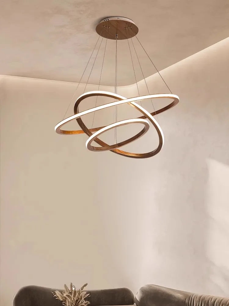 lustre moderne en bois led avec anneau en noyer rétro