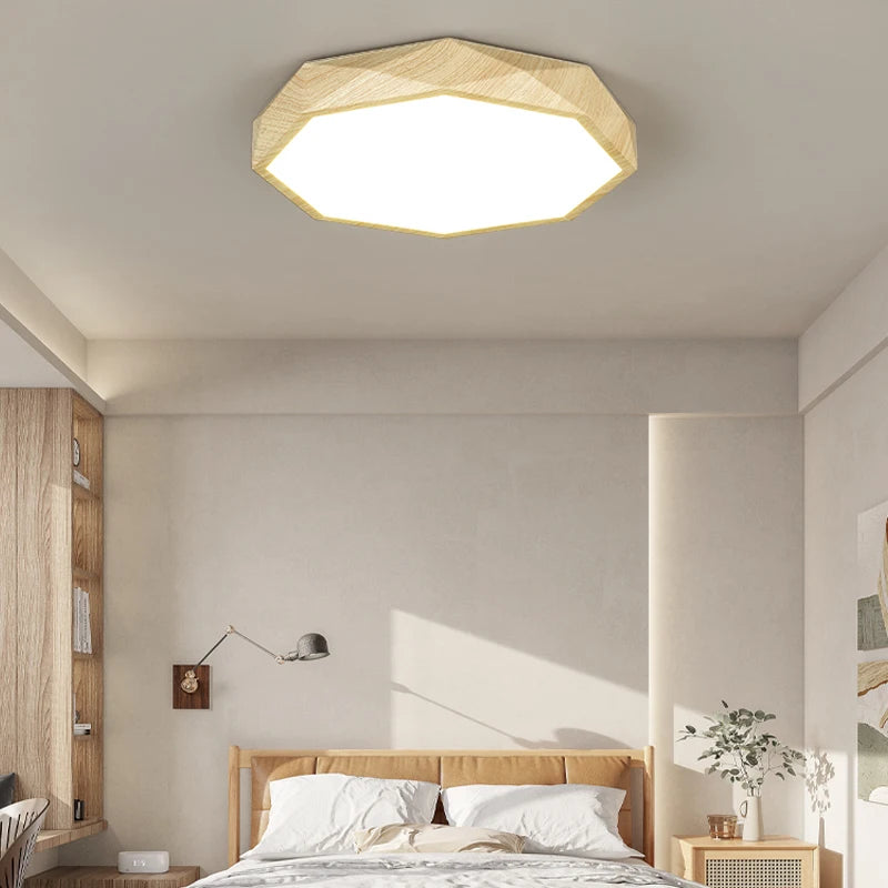 plafonnier led moderne en bois et métal design géométrique