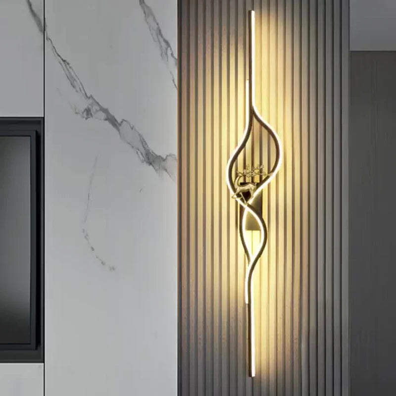 Modern Living Room Long Wall Lights with Anlter Design Gold Black TV Background Decorative Wall Lamp for Bedroom Remote Control