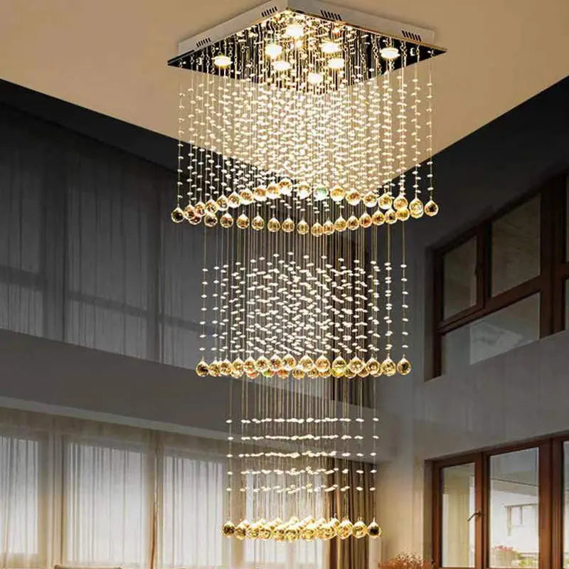 Duplex building, living room, large chandelier, square hotel villa, modern crystal hollow staircase, long chandelier