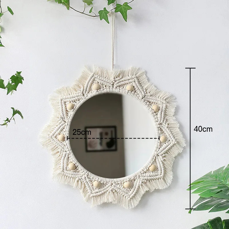 miroir rond en macramé style bohème pour décoration murale