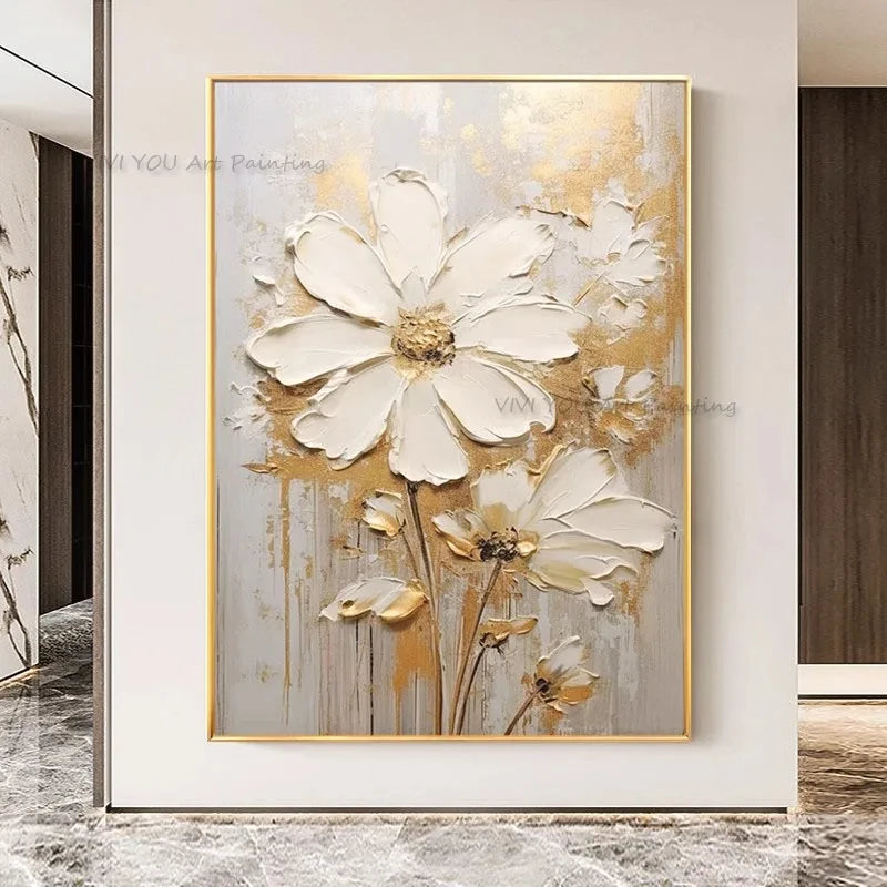 Tableau peinture à l'huile épaisse fleurs blanches abstraites décoration murale luxe