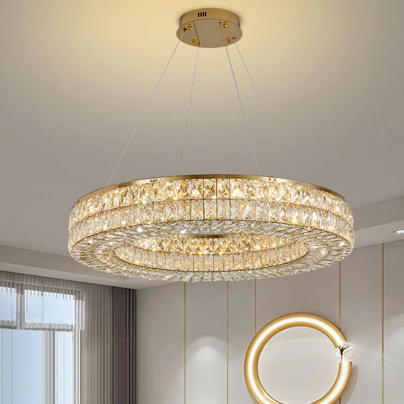 Lumière moderne luxe doré rond plafond lustre en cristal salon intérieur créatif anneau lumière LED lumineuse lustre