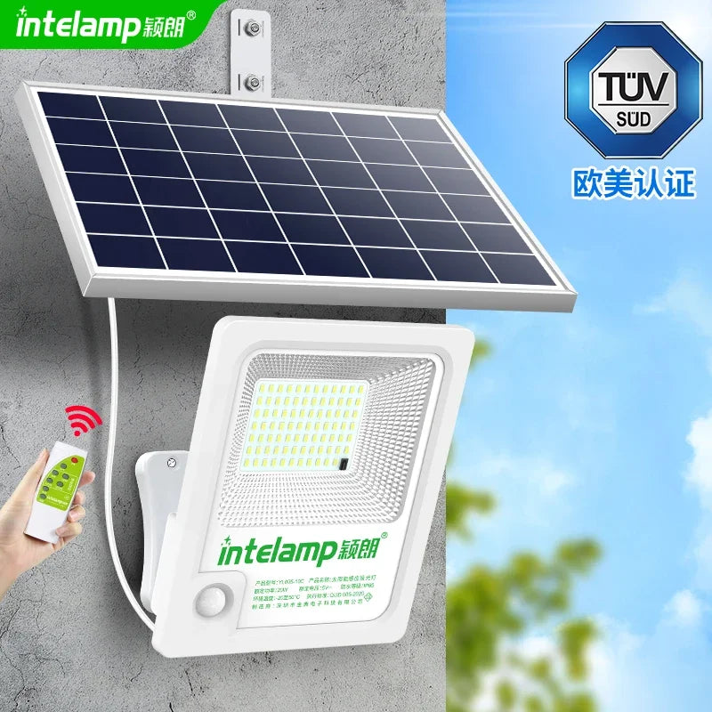 INTELAMP Solar Motion Sensor Floodlight with Remote Control, High Brightness 2500lm, 18000mAh, Suitable for Various Scenarios