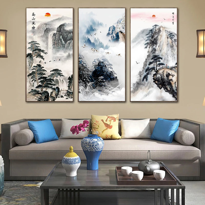 peinture sur toile pin chinois avec flux d'eau alpin