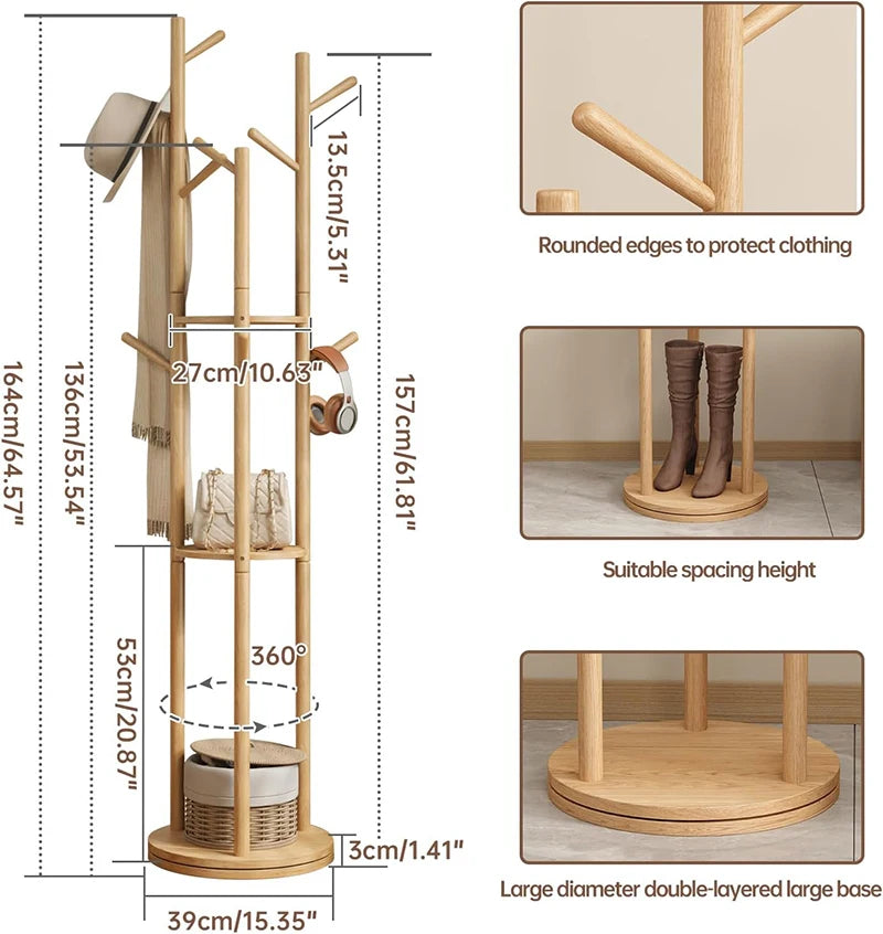 porte-manteau rotatif en bois avec étagères et crochets pratiques