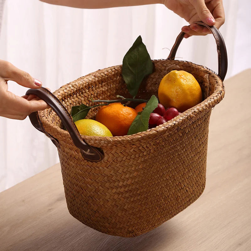 panier de rangement tissé à la main pliable en osier et jonc de mer