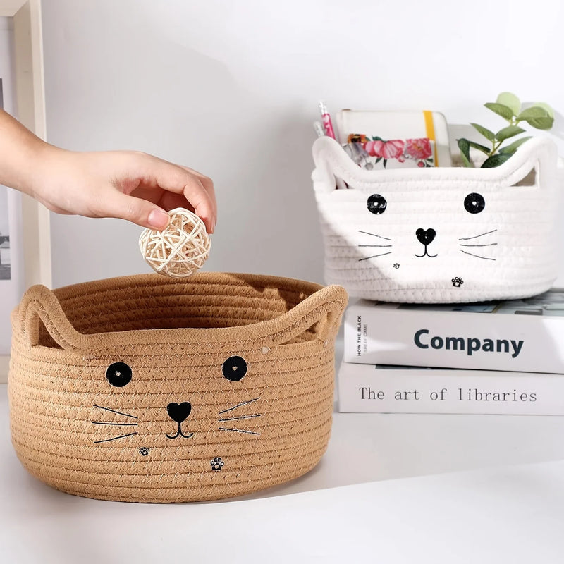 paniers de rangement en coton tissé tête de chat pour bureau et maison