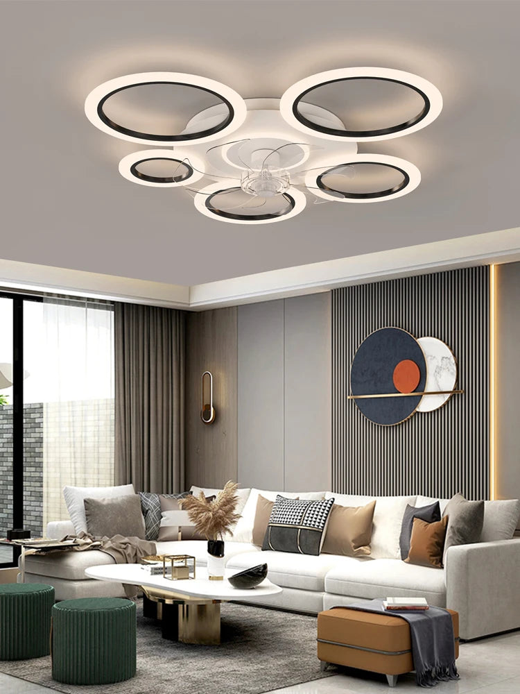 Modern white minimum circular fan light, simple living room ceiling fan light, intelligent control ceiling fan light