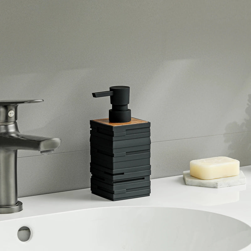 distributeur de savon noir mat avec décor en bois de teck grande capacité