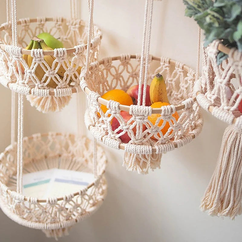 panier suspendu en macramé pour plantes et fruits décoratif