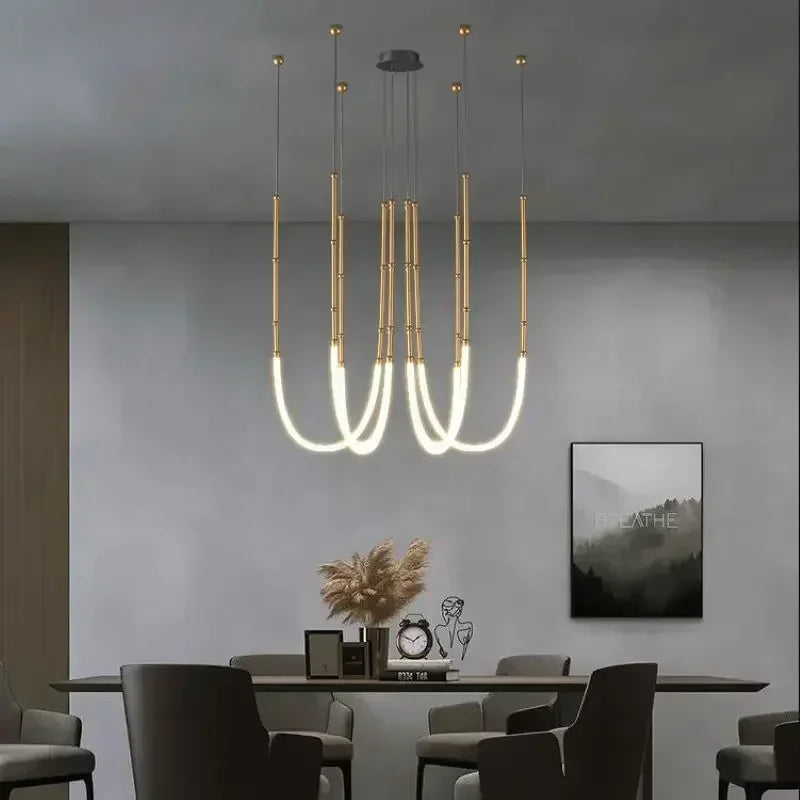 lustre moderne en bambou fer et silicone avec lumières led