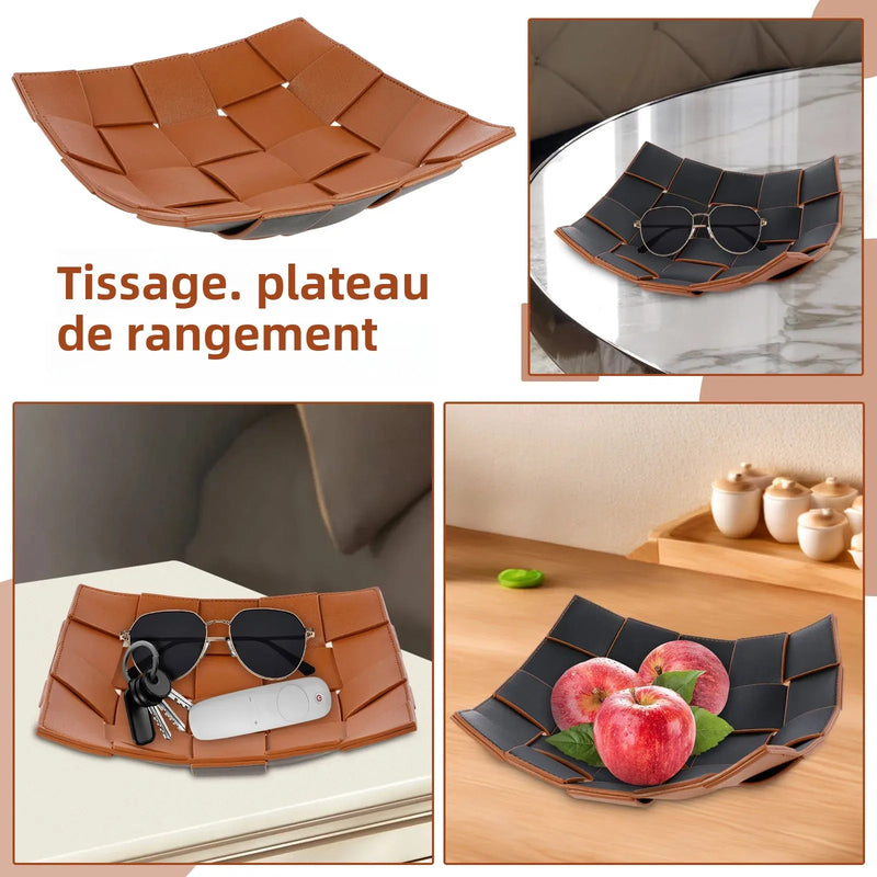 plateau de rangement en cuir pour clés et objets divers