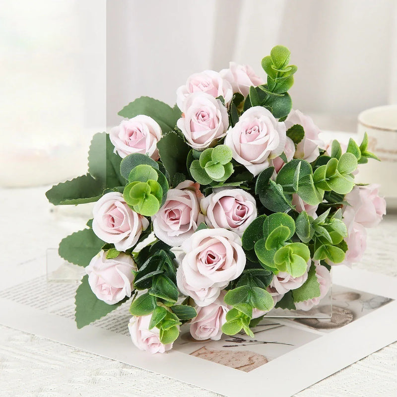 lot de 10 roses artificielles bouquet avec eucalyptus et pivoines décoratif