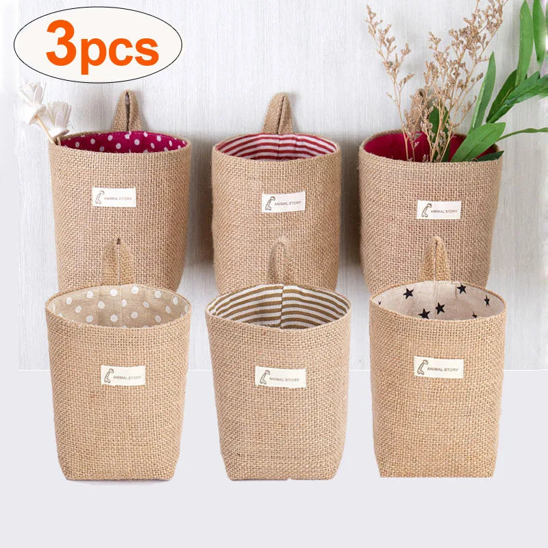 lot de 3 paniers suspendus en toile de jute pour rangement décoratif