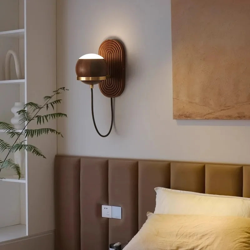 Walnut Wood Circular Sphere, Wabi-sabi minimalist Modern style, Wall Sconce light for Bedroom, Bedside, Living, Dining Room